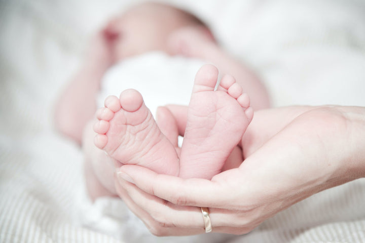 close up of hands holding baby feet|grayscale photo of person holding feet and hands