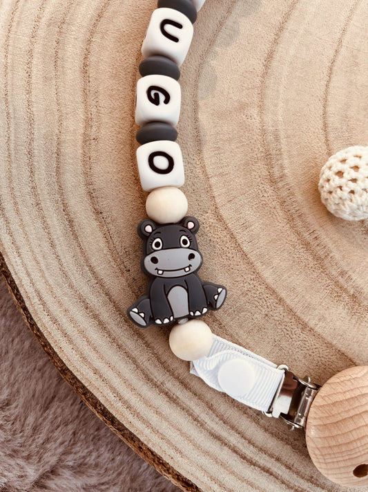 Grauer Hippopotamus -Schnullerbefestigung