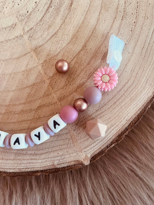 attache tétine personnalisé marguerite rose