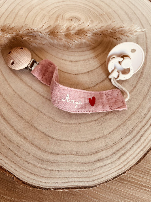Attache tétine gaze de coton rose