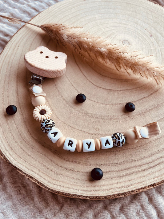 Personalisierte Schnullerkette Leopard Lotus