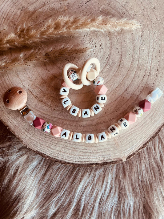 attache tétine personnalisé oiseau rose