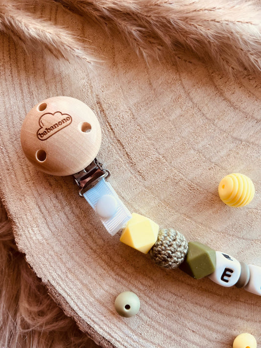 Attache tétine personnalisé kaki et jaune