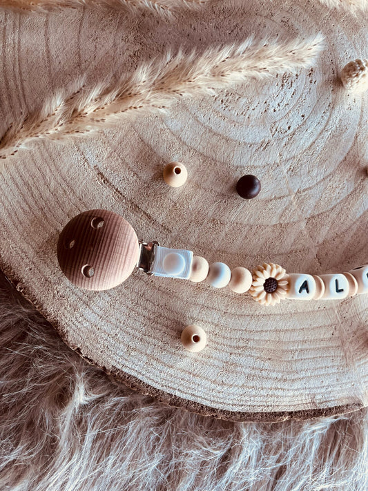 attache tétine personnalisé marguerite beige