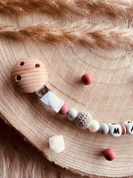 attache tétine personnalisé fleur grise