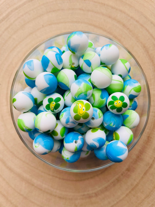 Perle silicone imprimées smiley fleurie