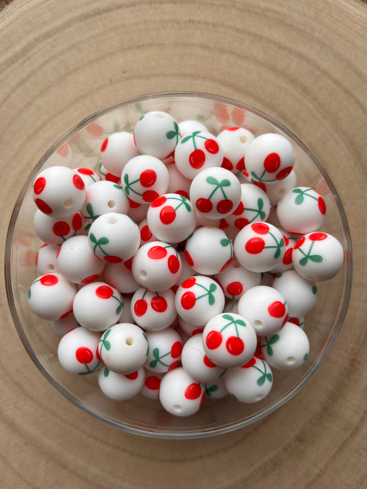 🍒 Perle en silicone imprimée – Cerise sur fond blanc 🍒