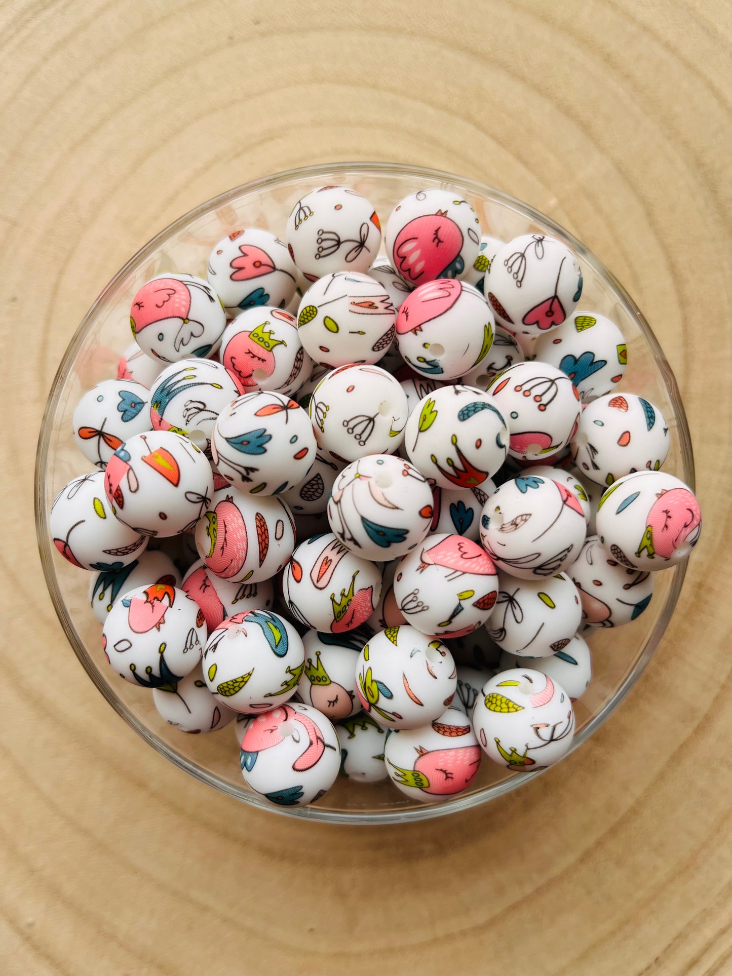 Perle silicone imprimées oiseaux