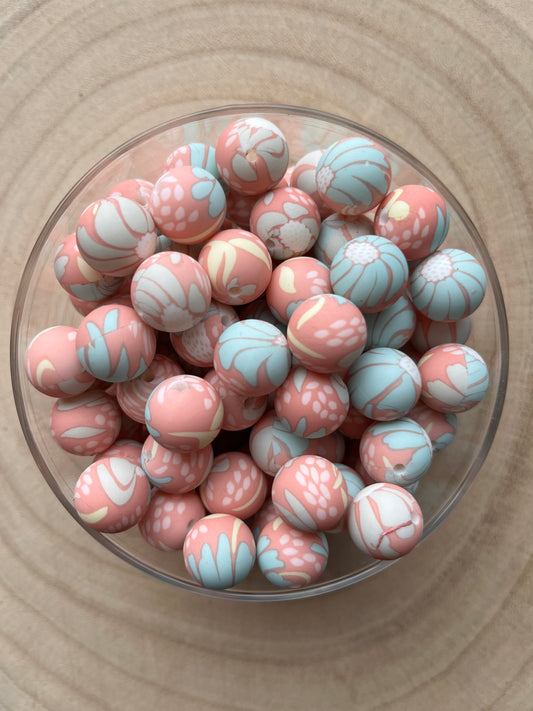 Perles en silicone imprimées Fleurie Pastel