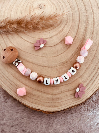 Attache-tétine personnalisée léopard rose