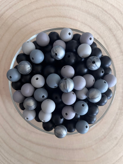 Perle silicone ronde 12mm Gris Noir