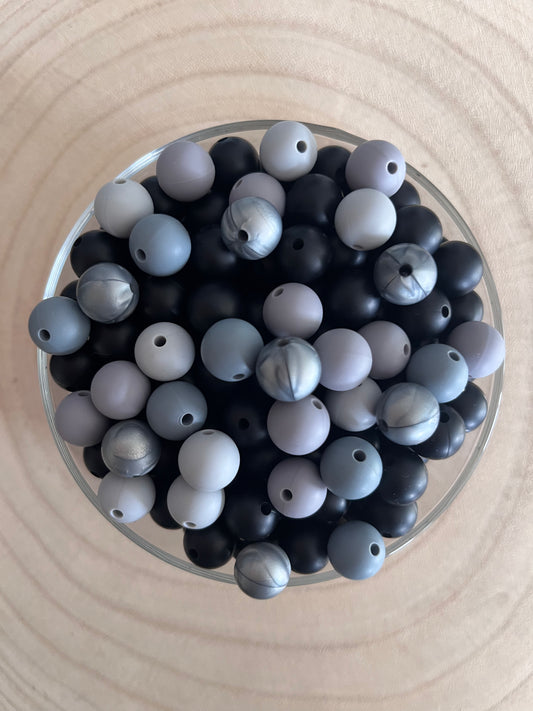 Perle silicone ronde 12mm Gris Noir