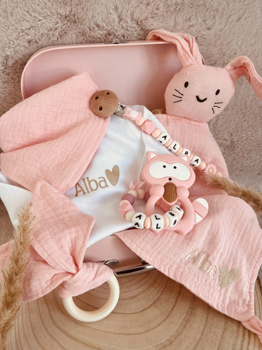 Valise de naissance personnalisé raton laveur rose