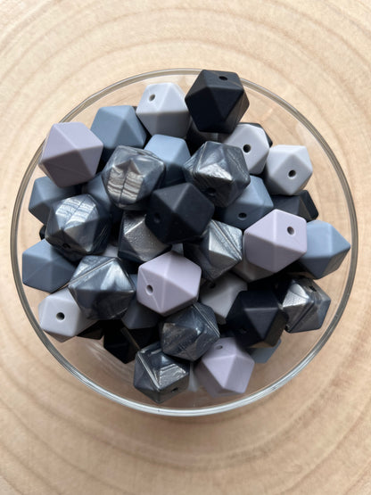Perle silicone hexagonale 14mm Gris Noir