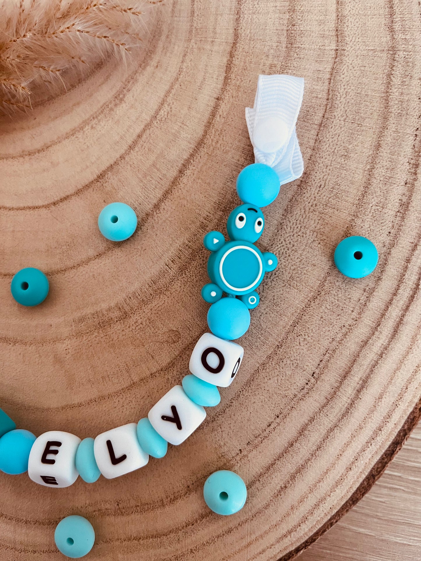 Turquoise schildpadfacifier bevestigt