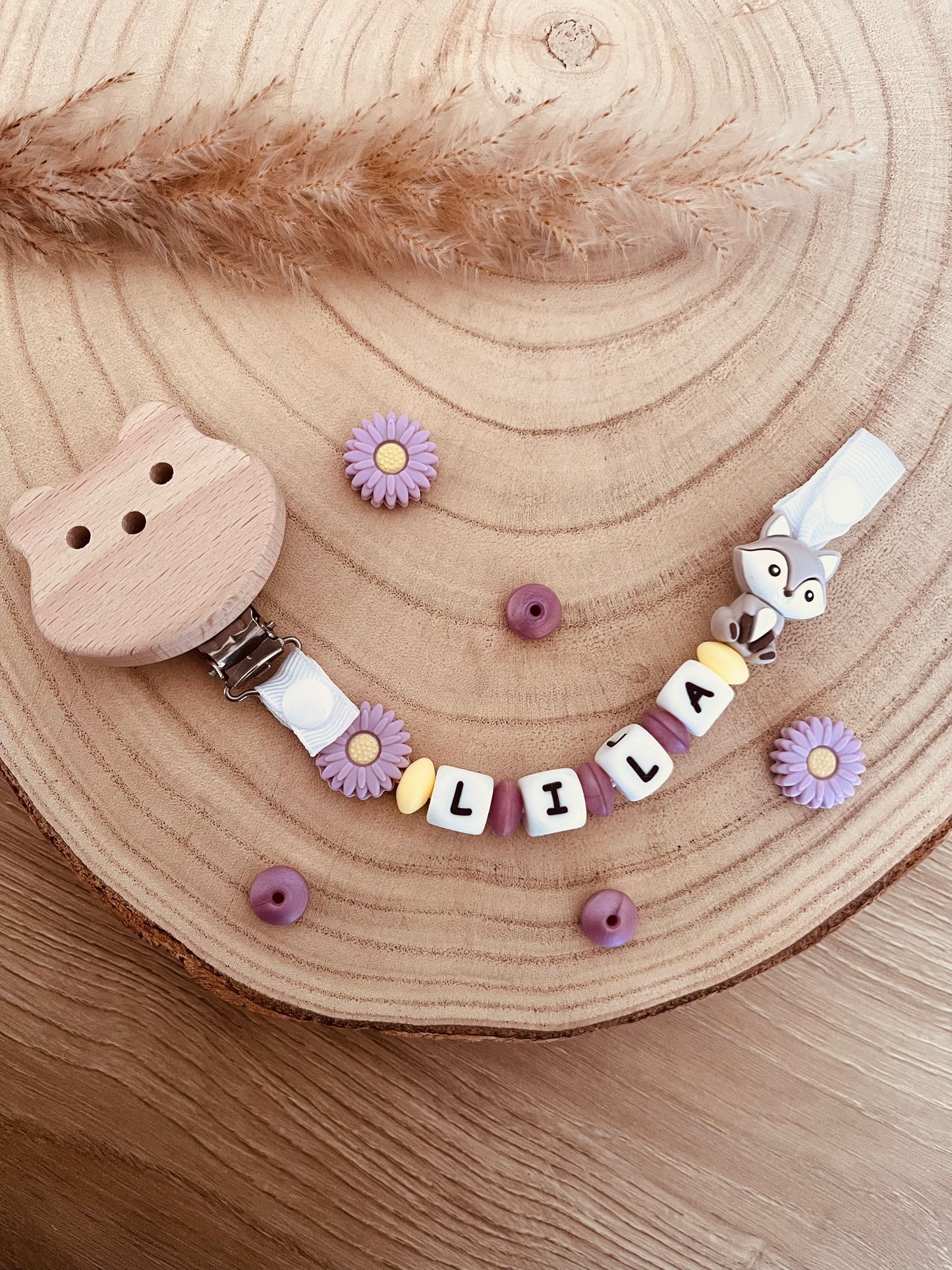 Attache tétine personnalisée renard Lilas