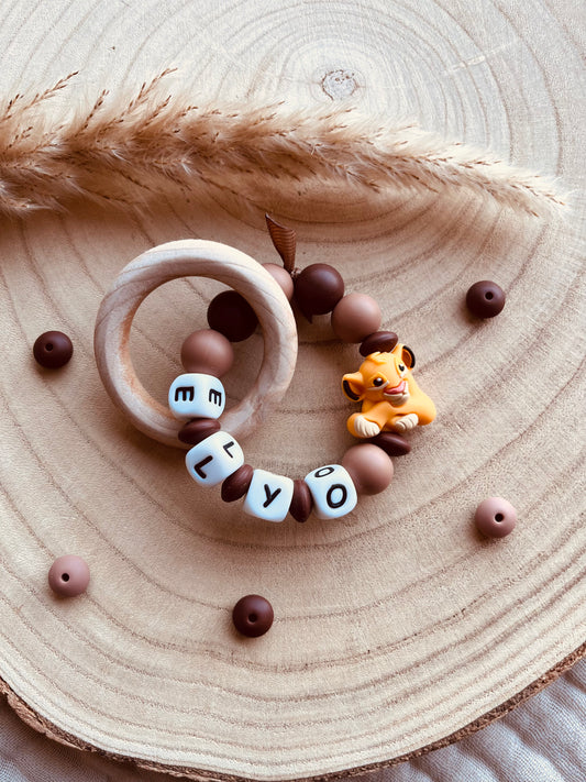 Mordedor león de madera de haya natural, personalizable con el nombre, para aliviar las encías del bebé
