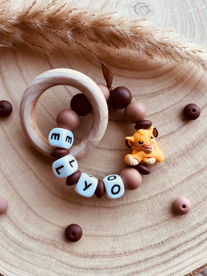 Mordedor león de madera de haya natural, personalizable con el nombre, para aliviar las encías del bebé