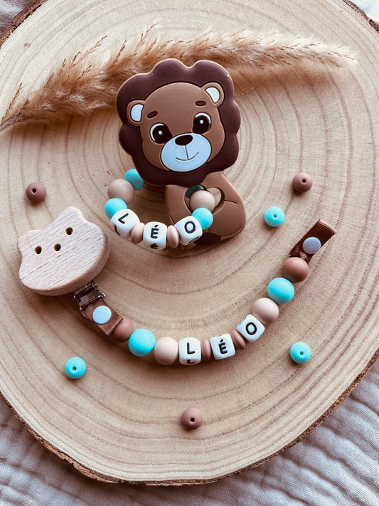 Canastilla león personalizada, accesorios de bebé hechos a mano en silicona alimentaria y madera
