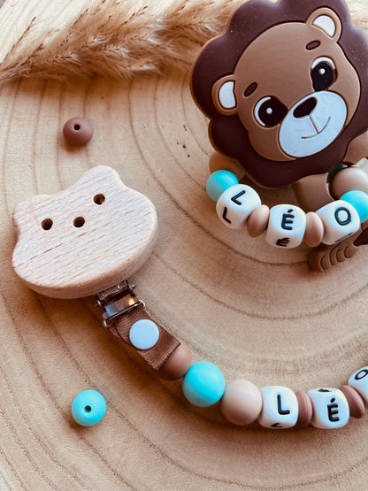 Cofanetto nascita leone personalizzato, accessori bebè fatti a mano in silicone alimentare e legno