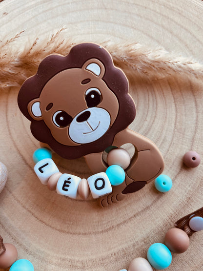 Cofanetto nascita leone personalizzato, accessori bebè fatti a mano in silicone alimentare e legno