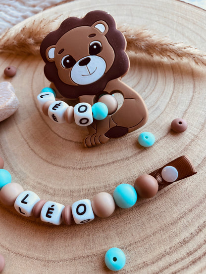 Cofanetto nascita leone personalizzato, accessori bebè fatti a mano in silicone alimentare e legno