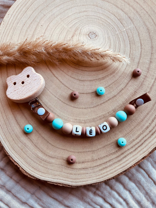 Canastilla león personalizada, accesorios de bebé hechos a mano en silicona alimentaria y madera