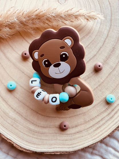 Cofanetto nascita leone personalizzato, accessori bebè fatti a mano in silicone alimentare e legno