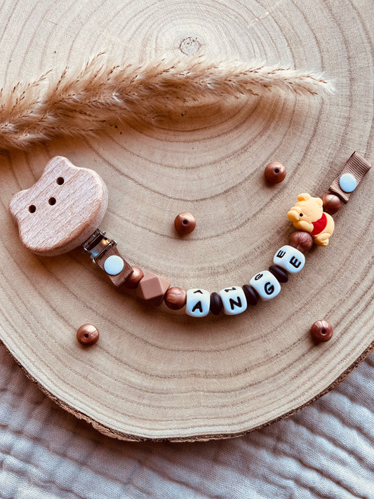 Gepersonaliseerd speenkoord Winnie de Poeh met kralen van voedselveilig silicone en beukenhout