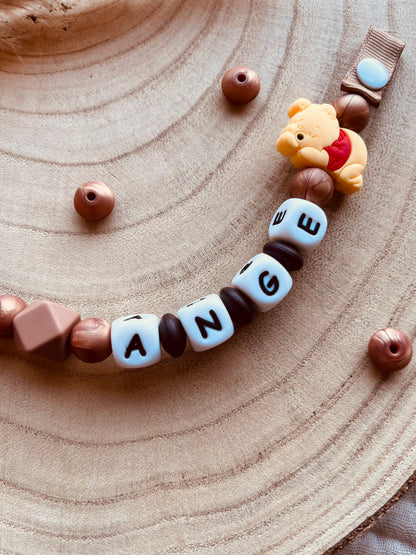 Catenella portaciuccio Winnie the Pooh personalizzata, perline in silicone alimentare e legno di faggio