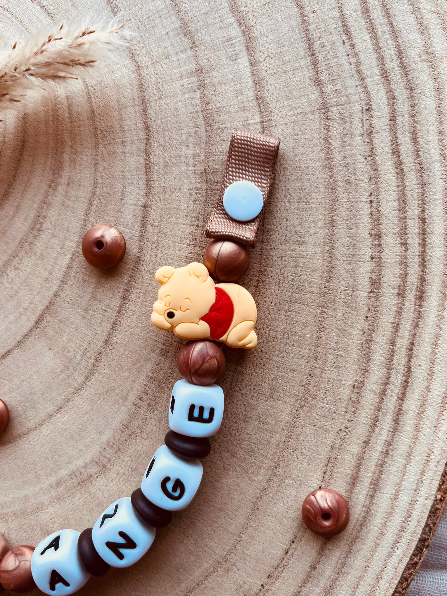 Catenella portaciuccio Winnie the Pooh personalizzata, perline in silicone alimentare e legno di faggio