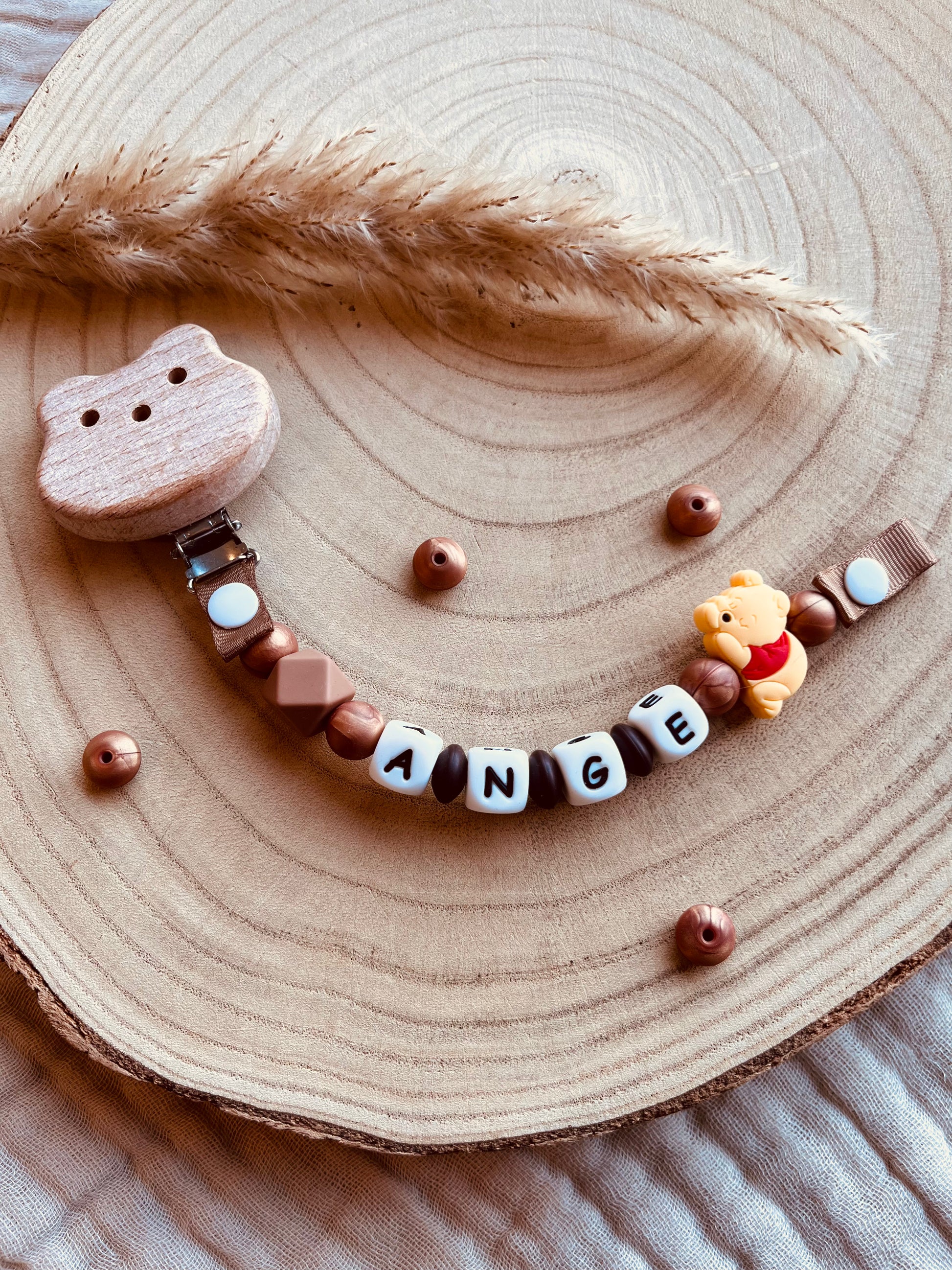 Catenella portaciuccio Winnie the Pooh personalizzata, perline in silicone alimentare e legno di faggio