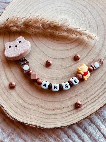 Catenella portaciuccio Winnie the Pooh personalizzata, perline in silicone alimentare e legno di faggio