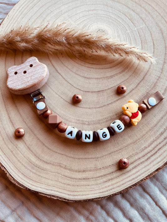 Gepersonaliseerd speenkoord Winnie de Poeh met kralen van voedselveilig silicone en beukenhout