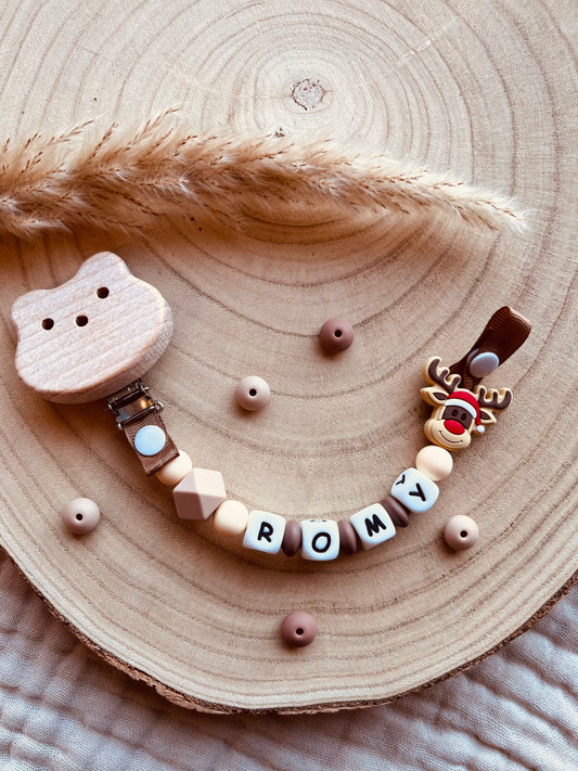 Gepersonaliseerd speenkoord rendier beige met kralen van voedselveilig silicone en beukenhout