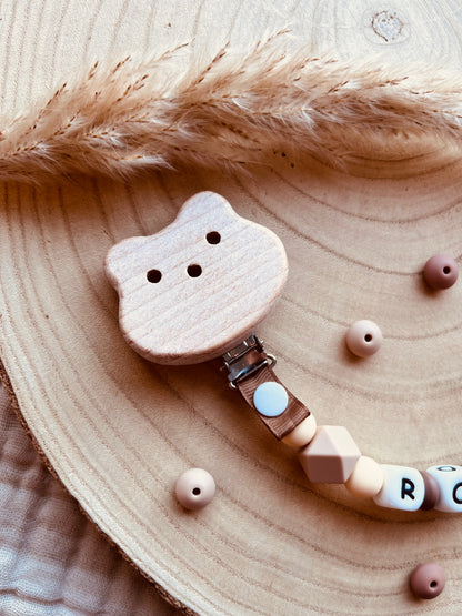 Gepersonaliseerd speenkoord rendier beige met kralen van voedselveilig silicone en beukenhout