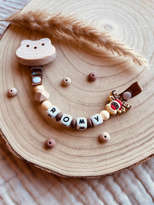 Gepersonaliseerd speenkoord rendier beige met kralen van voedselveilig silicone en beukenhout