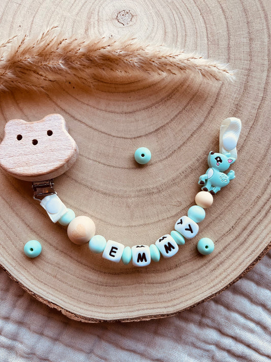 Gepersonaliseerd speenkoord hertje mint met kralen van voedselveilig silicone en beukenhout