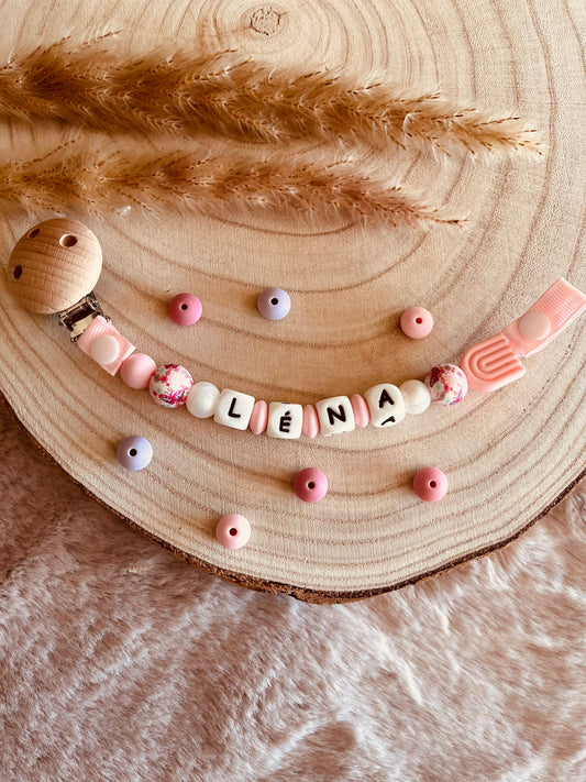 attache tétine personnalisé arc en ciel rose