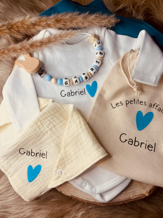 coffret naissance personnalisé coeur bleu 4 pces