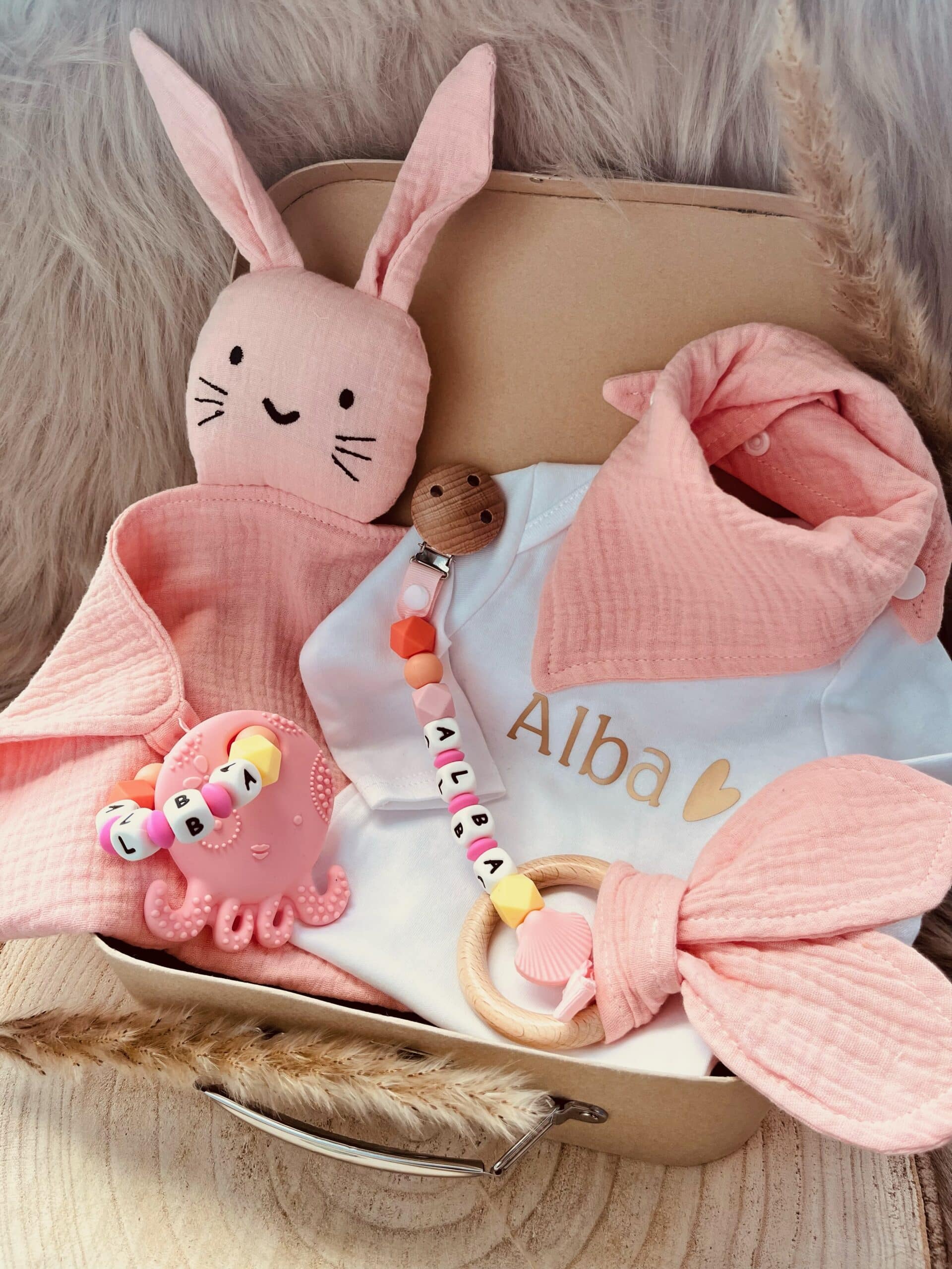 Valise de naissance personnalisé pieuvre rose