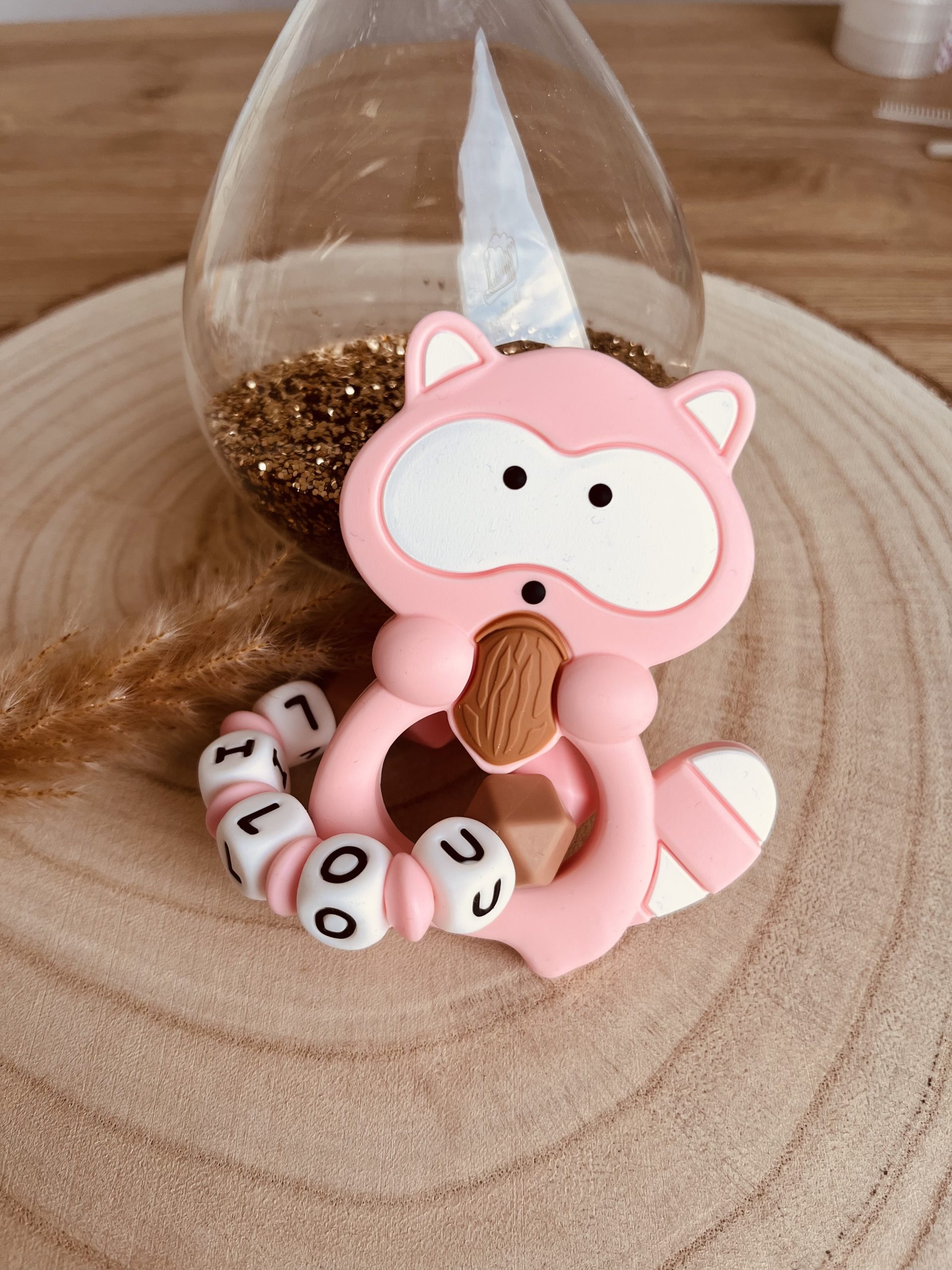 Customized Pink Raccoon silicone teething ring