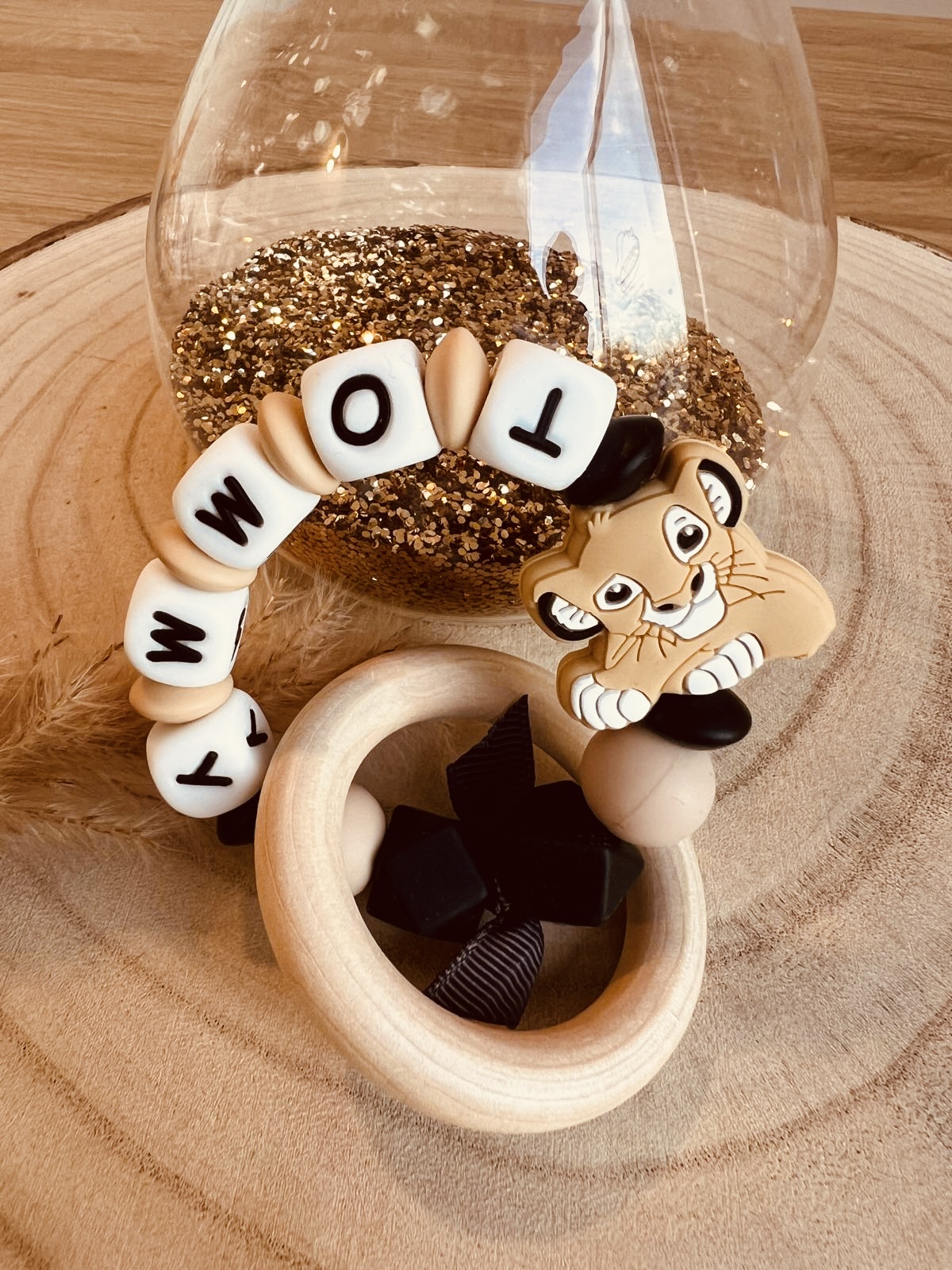 Personalized Simba teething ring in wood and silicone